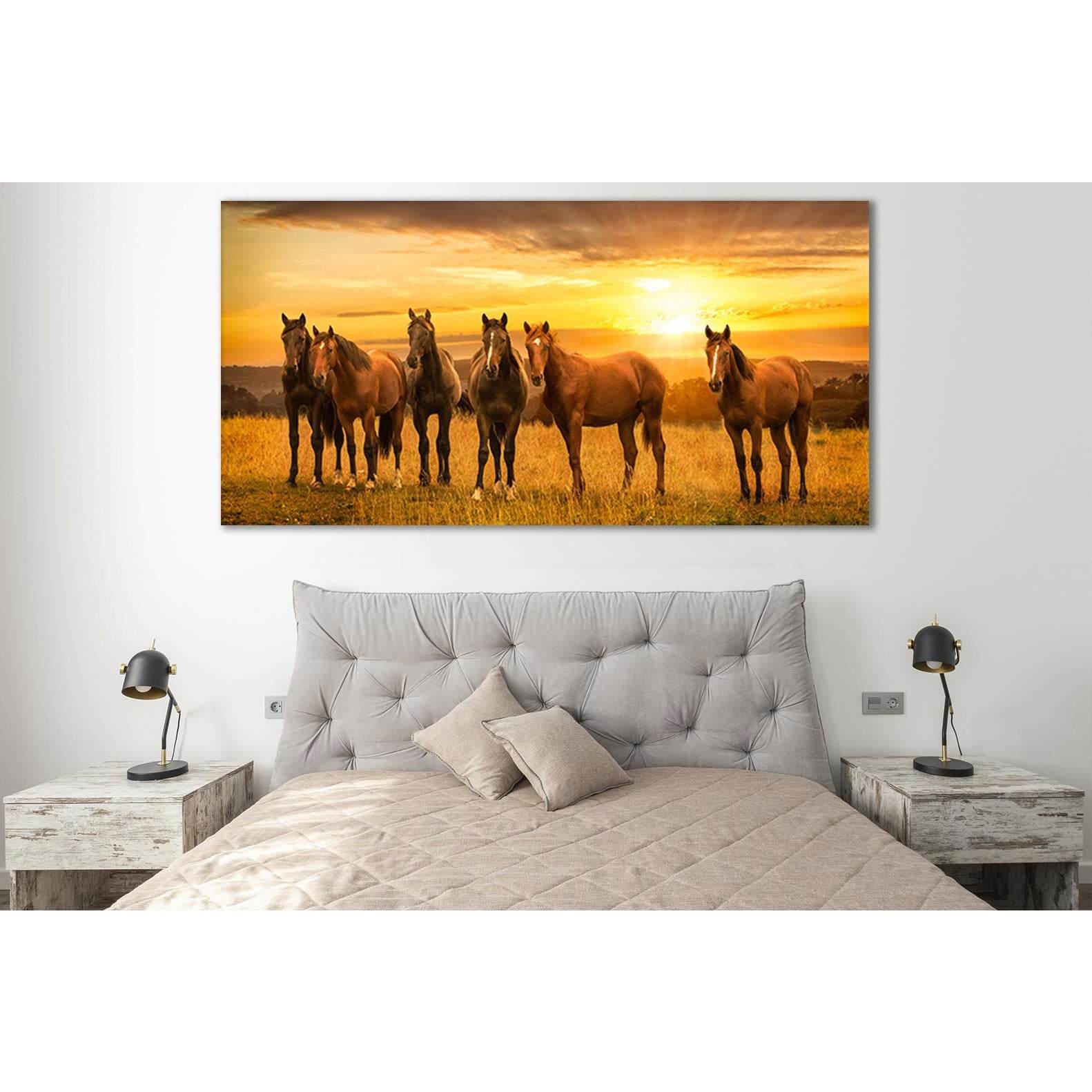 Horses In The Field Sunrise №SL279 Ready to Hang Canvas Print - Zellart Canvas Prints 0new, ALL_Products, Horses, SUNRISE & SUNSET WALL ART