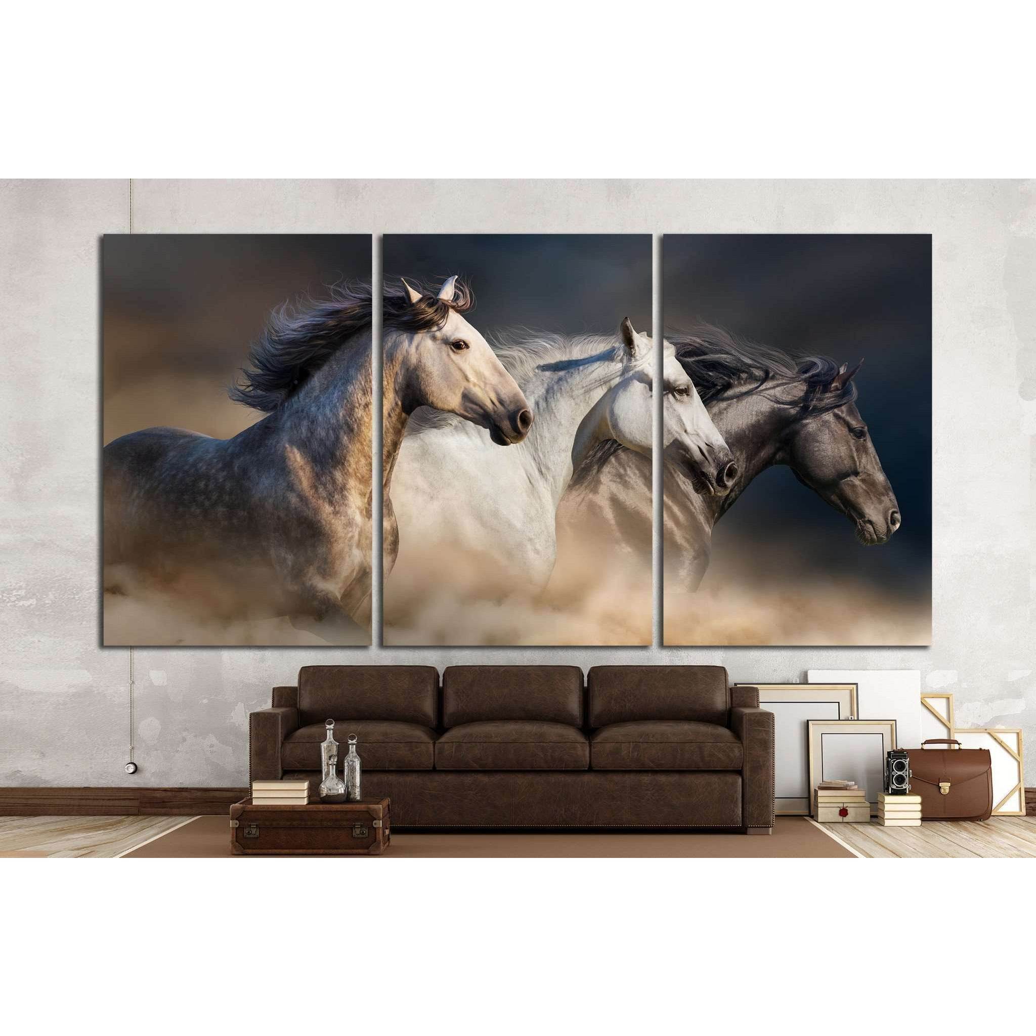 Horses with long mane portrait run gallop in desert dust №1326 Ready to Hang Canvas Print