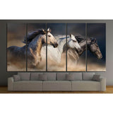 Horses with long mane portrait run gallop in desert dust №1326 Ready to Hang Canvas Print