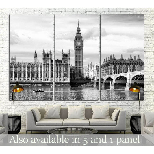 Black and white London canvas print with Big Ben, Westminster Bridge, and Parliament triptych