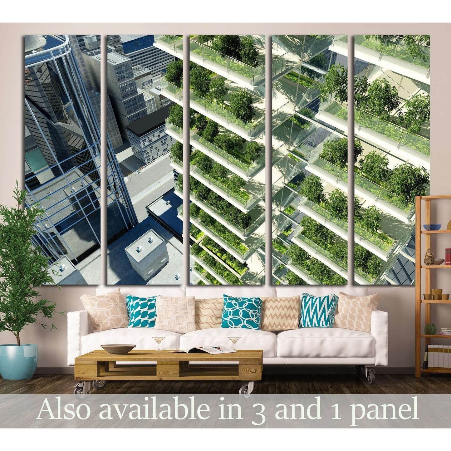 Vertical garden skyscraper canvas print hung above sofa in a modern living room