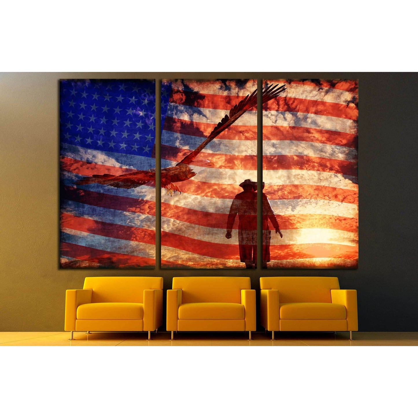 Illustration of a cowboy at sunset with an eagle and american flag №3249 Ready to Hang Canvas Print - Zellart Canvas Prints ALL_Products, s-3249