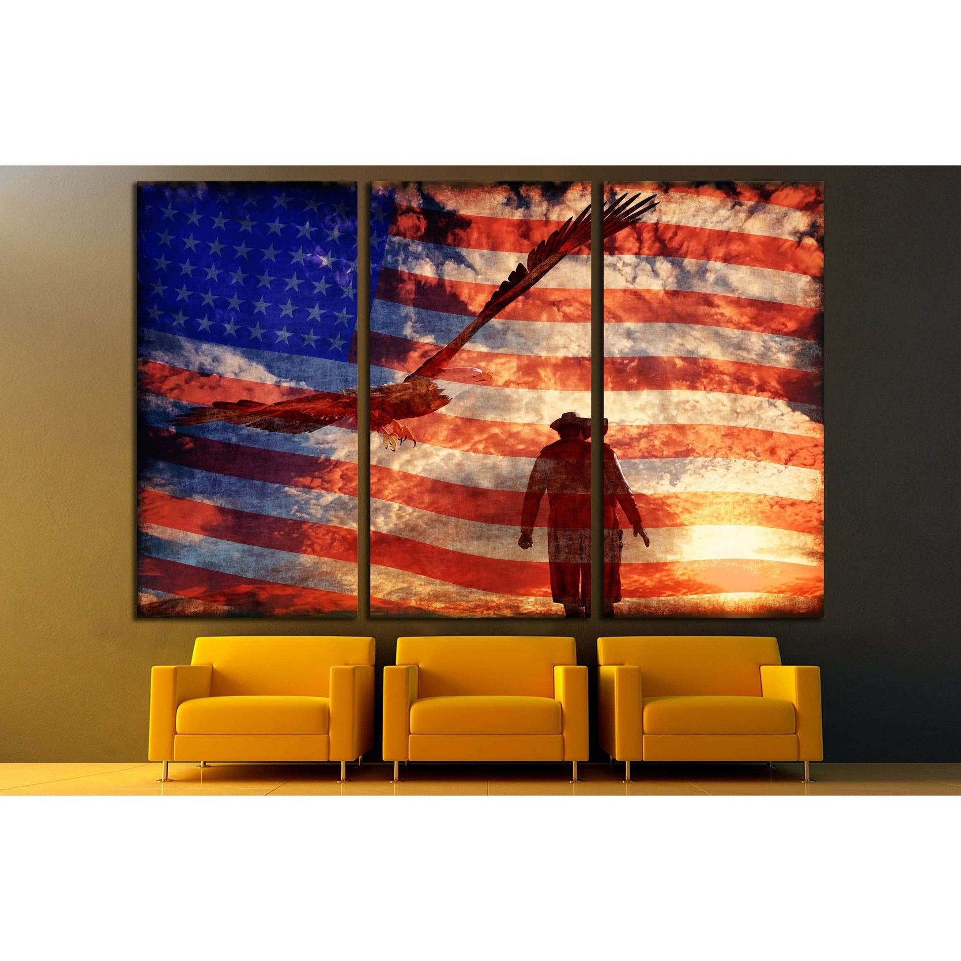 Illustration of a cowboy at sunset with an eagle and american flag №3249 Ready to Hang Canvas Print - Zellart Canvas Prints ALL_Products, s-3249
