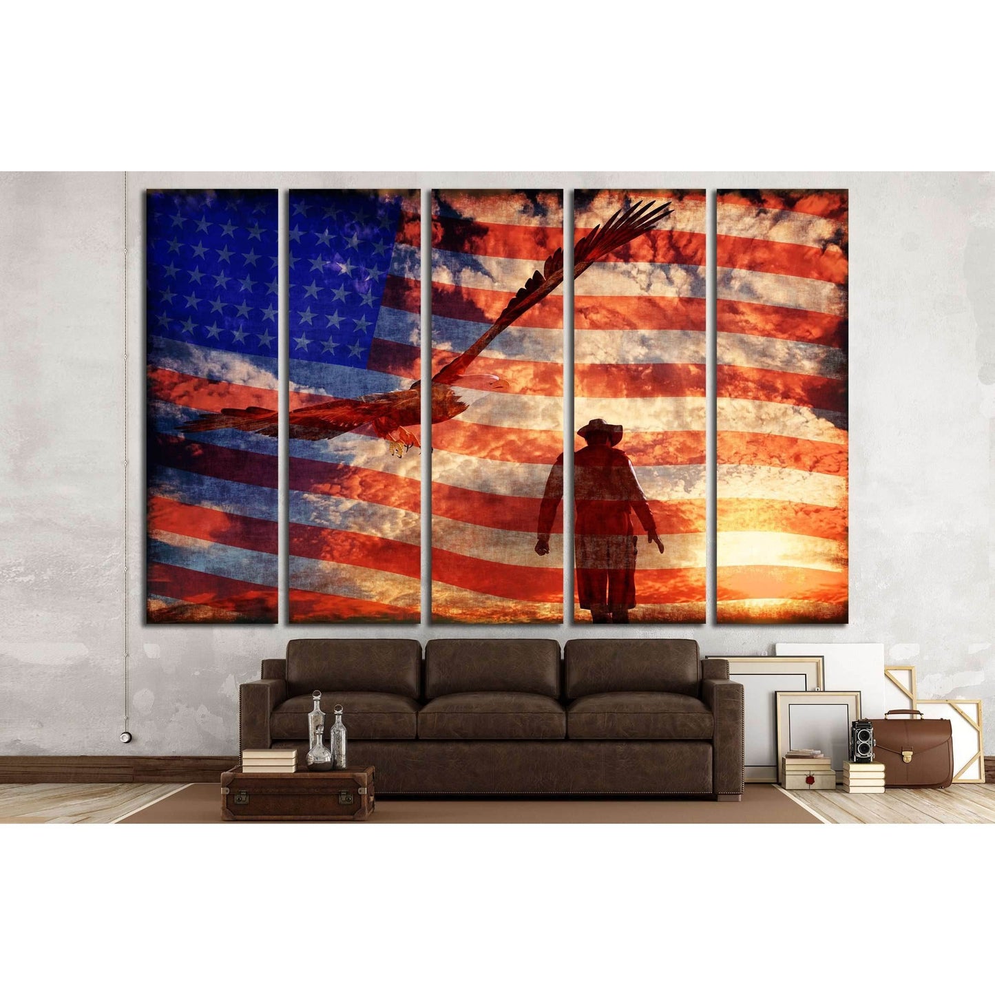 Illustration of a cowboy at sunset with an eagle and american flag №3249 Ready to Hang Canvas Print - Zellart Canvas Prints ALL_Products, s-3249