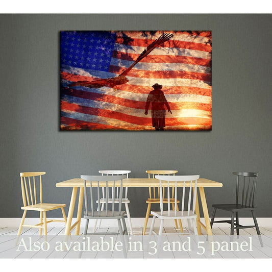 Illustration of a cowboy at sunset with an eagle and american flag №3249 Ready to Hang Canvas PrintCanvas art arrives ready to hang, with hanging accessories included and no additional framing required. Every canvas print is hand-crafted, made on-demand a