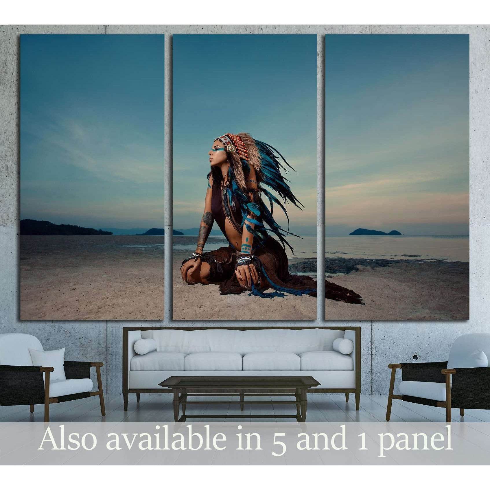 indian woman outdoors at sunset. native american style. Background with free text space №2770 Ready to Hang Canvas Print - Zellart Canvas Prints ALL_Products, s-2770