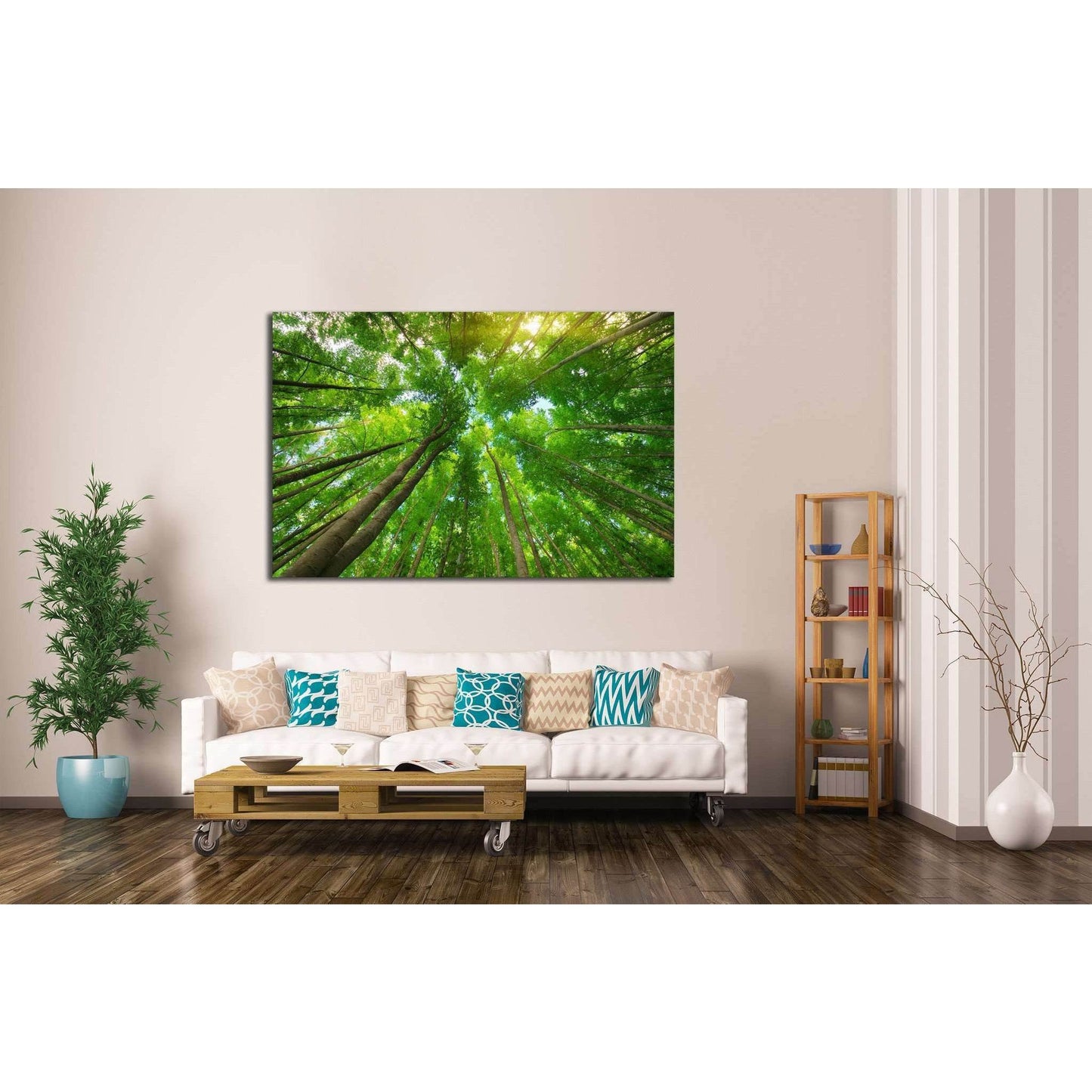 Forest Canopy Multi-Panel Canvas Art for Natural Home DecorThis multi-panel canvas print captures the towering majesty of a forest canopy. The perspective draws the eye upwards to the interplay of light and leaves, creating a lush green ambiance. Ideal fo
