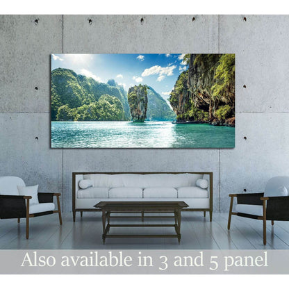 Tropical Limestone Karsts Canvas Print for Exotic Home DecorThis canvas print captures the majestic limestone karsts and emerald waters of a tropical paradise, reminiscent of Thailand's iconic Phi Phi Islands. It's a stunning visual escape, perfect for ad