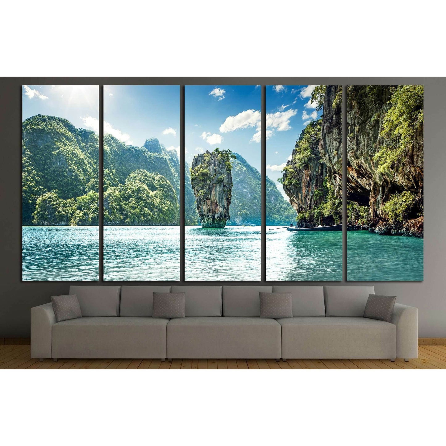 Tropical Limestone Karsts Canvas Print for Exotic Home DecorThis canvas print captures the majestic limestone karsts and emerald waters of a tropical paradise, reminiscent of Thailand's iconic Phi Phi Islands. It's a stunning visual escape, perfect for ad