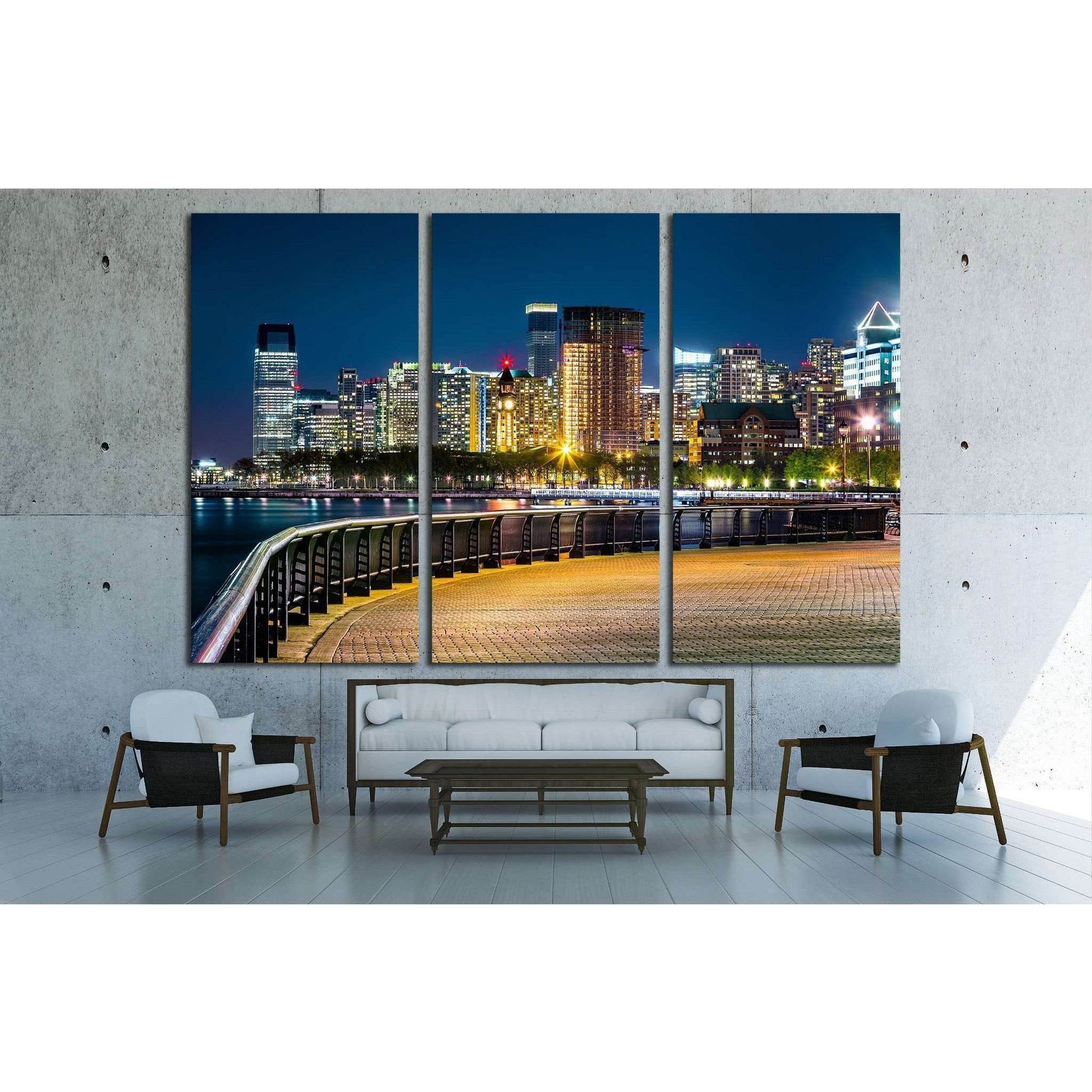 Jersey City skyline by night along Hudson river promenade №1774 Ready to Hang Canvas Print - Zellart Canvas Prints ALL_Products, s-1774
