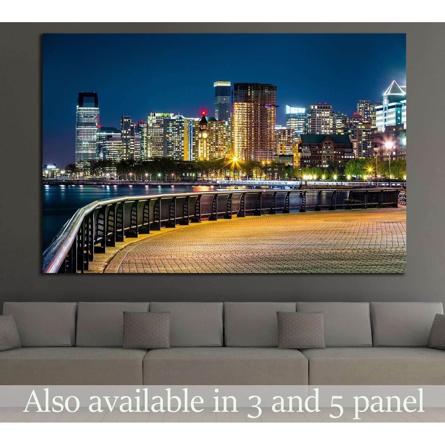 Jersey City skyline by night along Hudson river promenade №1774 Ready to Hang Canvas Print - Zellart Canvas Prints ALL_Products, s-1774