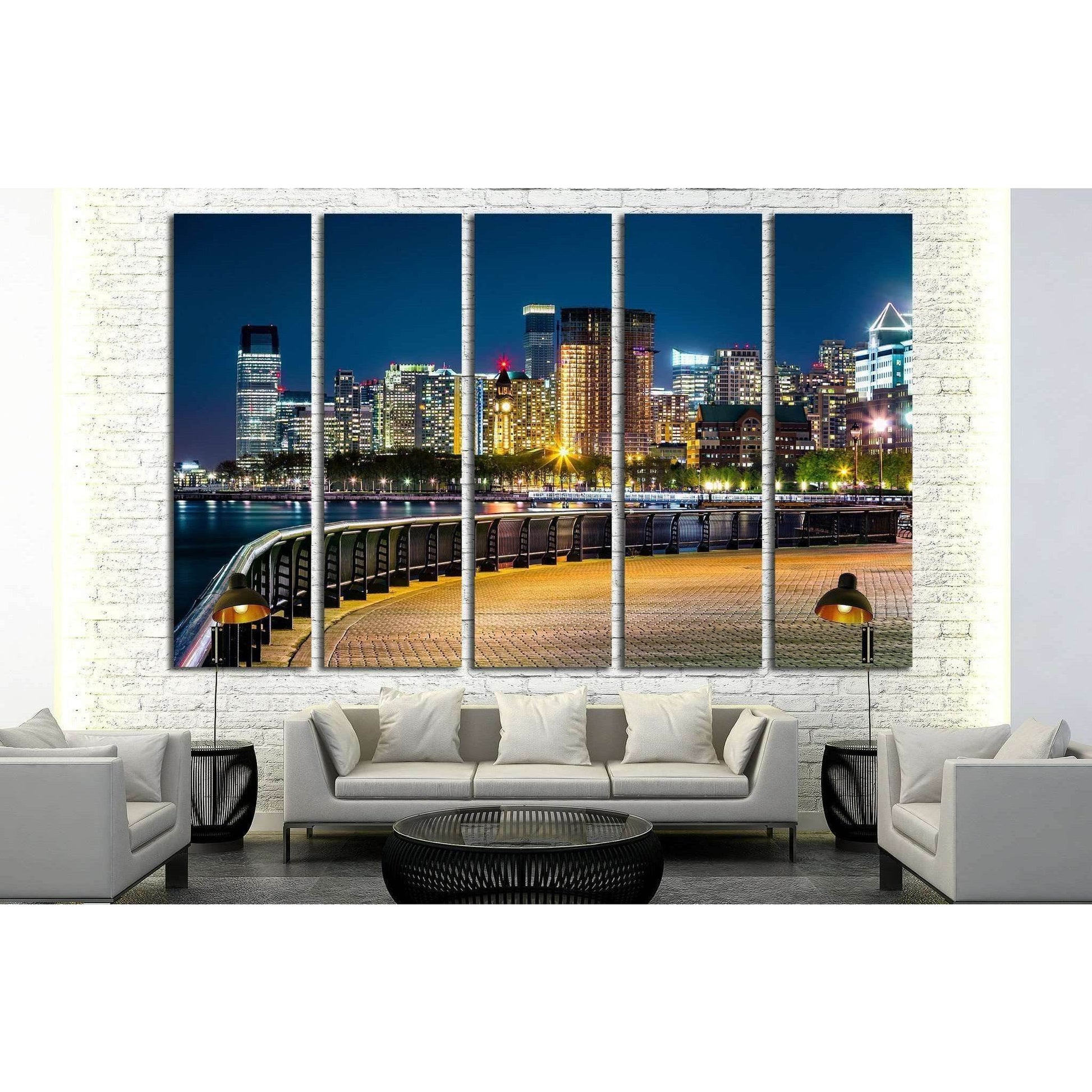 Jersey City skyline by night along Hudson river promenade №1774 Ready to Hang Canvas Print - Zellart Canvas Prints ALL_Products, s-1774