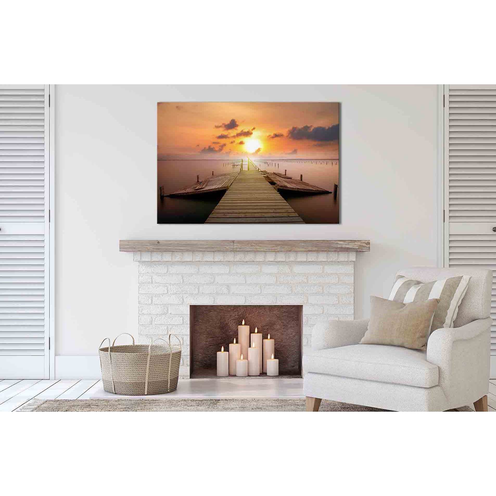 Jetty at sunset №D1211 Ready to Hang Canvas Print - Zellart Canvas Prints 0new, ALL_Products, Contemporary Wall Art, Sunrise & sunset wall art