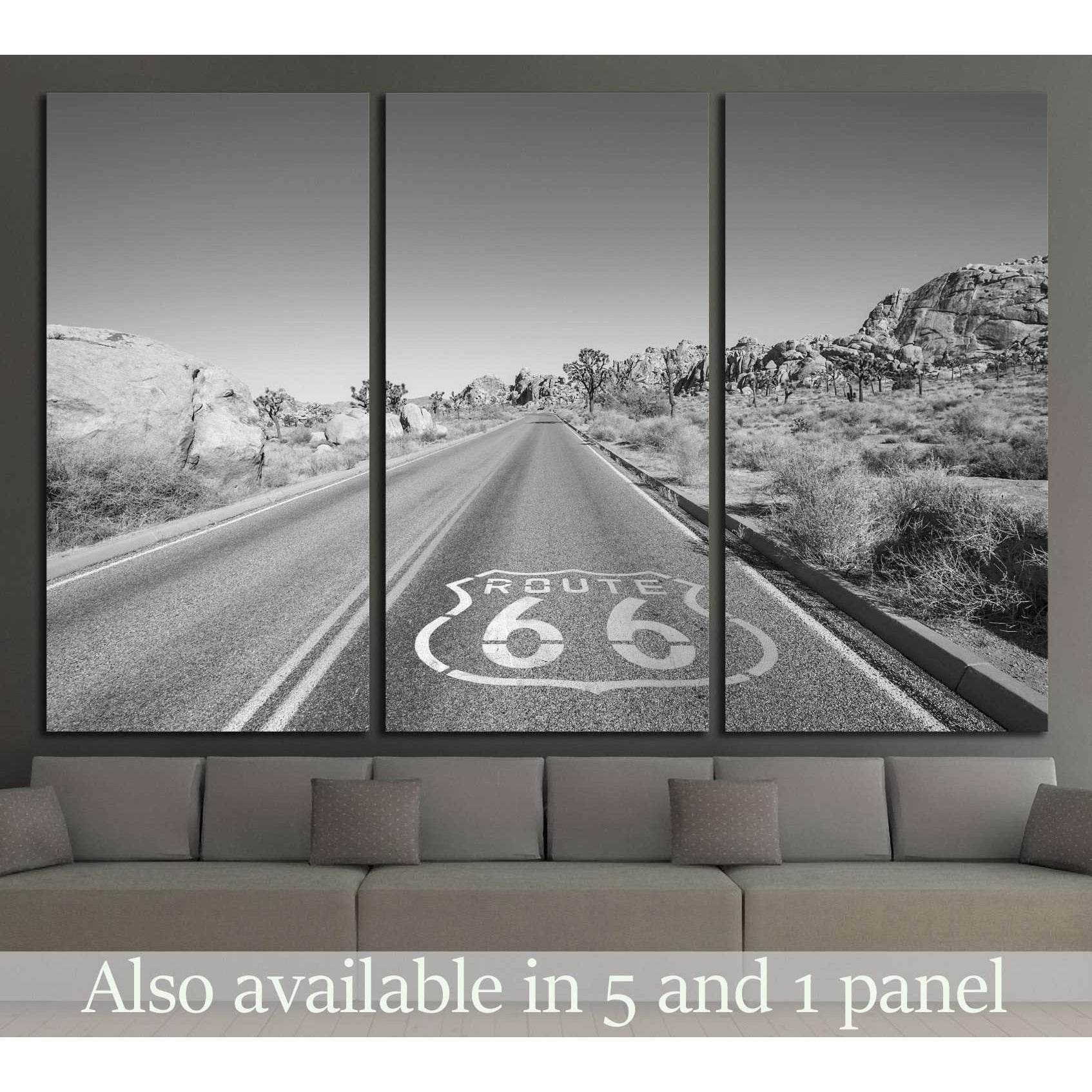 Joshua Tree highway with Route 66 pavement sign in black and white №2107 Ready to Hang Canvas Print - Zellart Canvas Prints ALL_Products, s-2107