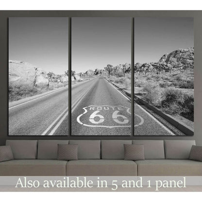Joshua Tree highway with Route 66 pavement sign in black and white №2107 Ready to Hang Canvas Print - Zellart Canvas Prints ALL_Products, s-2107