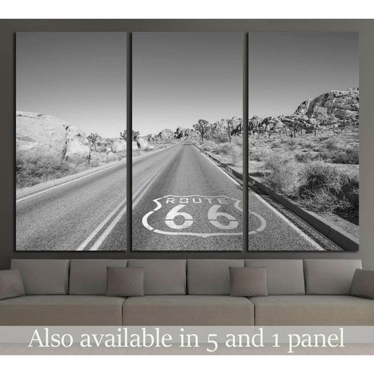 Joshua Tree highway with Route 66 pavement sign in black and white №2107 Ready to Hang Canvas Print - Zellart Canvas Prints ALL_Products, s-2107