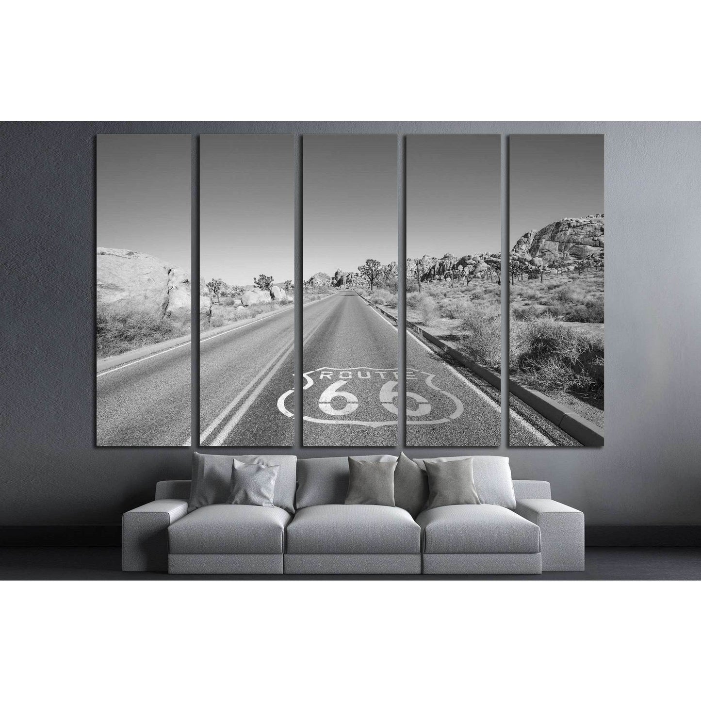 Joshua Tree highway with Route 66 pavement sign in black and white №2107 Ready to Hang Canvas Print - Zellart Canvas Prints ALL_Products, s-2107
