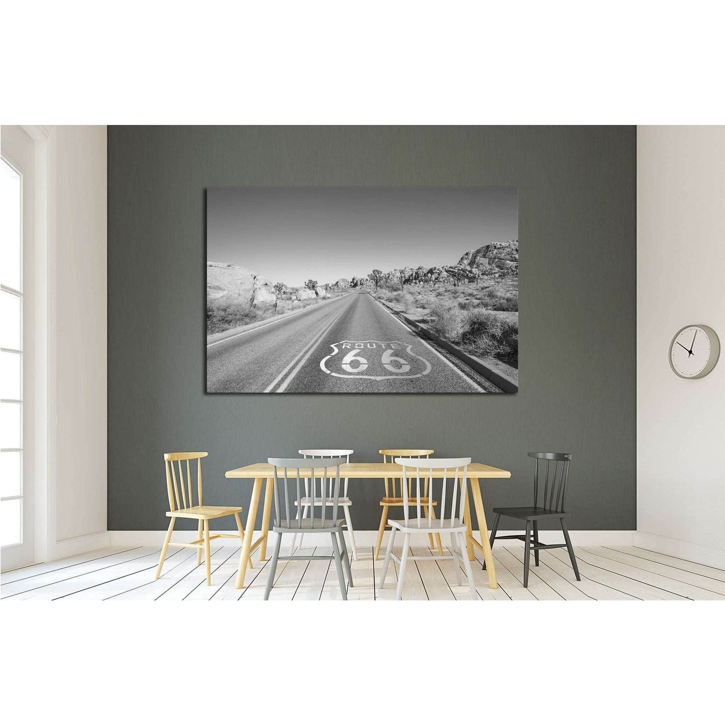 Classic Route 66 Road Trip Wall Decor for Adventurous Home InteriorsThis canvas print features the iconic Route 66 sign on a long, open highway, rendered in striking black and white. The image evokes a sense of freedom and the spirit of the road, perfect