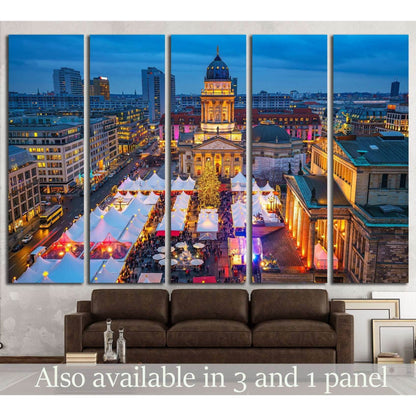 Berlin Konzerthaus canvas print above sofa with Gendarmenmarkt Christmas market at dusk