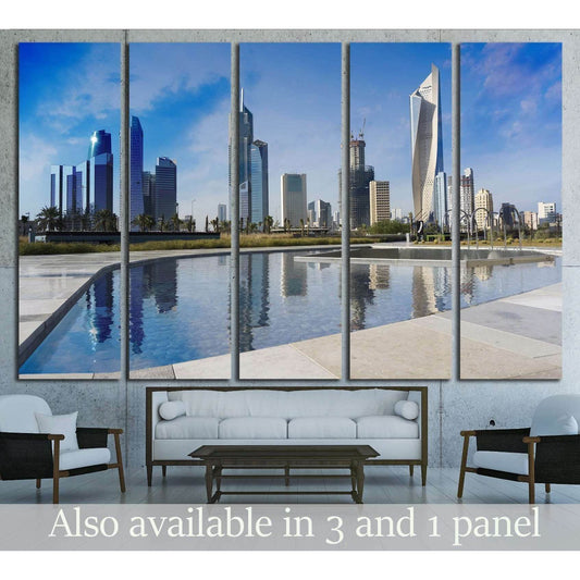 Kuwait City skyline canvas print with modern skyscrapers and pool reflections above a sofa