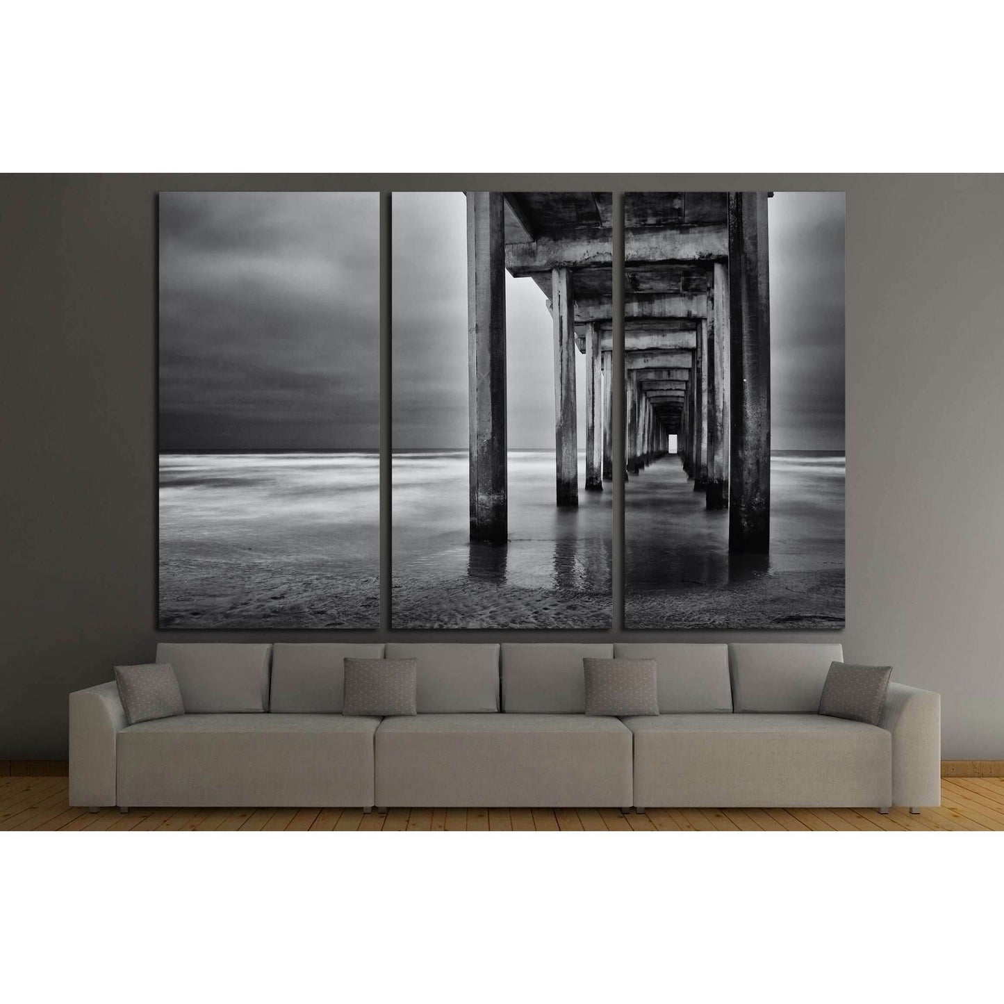 La Jolla beach, California, long exposure under the pylons, black and white image. №2675 Ready to Hang Canvas Print - Zellart Canvas Prints ALL_Products, s-2675