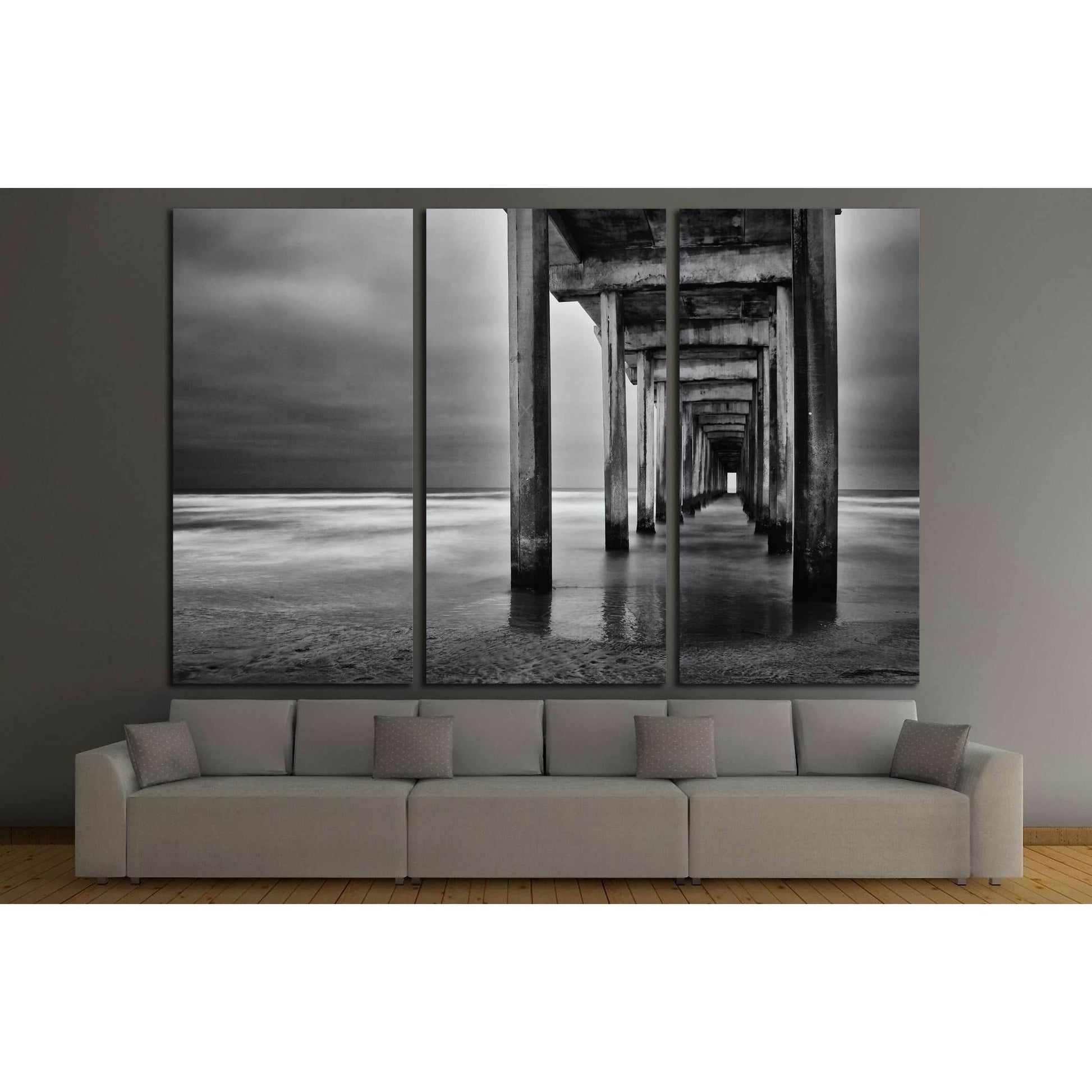 La Jolla beach, California, long exposure under the pylons, black and white image. №2675 Ready to Hang Canvas Print - Zellart Canvas Prints ALL_Products, s-2675