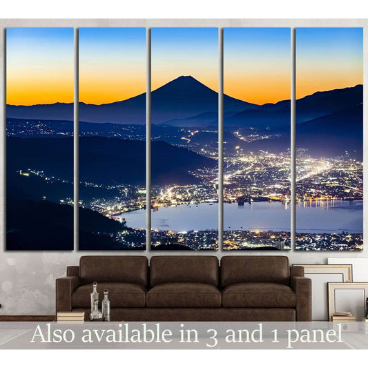 Mount Fuji and Lake Suwa twilight canvas print above a sofa in a modern living room