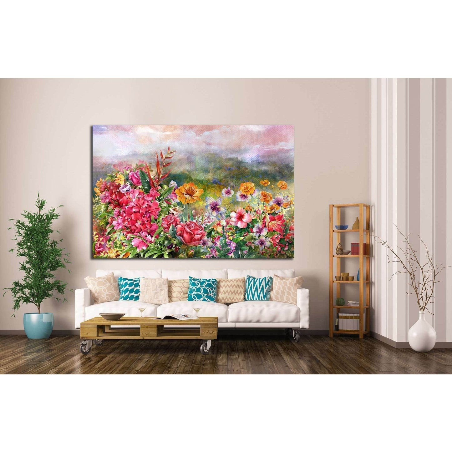 landscape of multicolored flowers watercolor painting №1351 Ready to Hang Canvas Print - Zellart Canvas Prints ALL_Products, s-1351