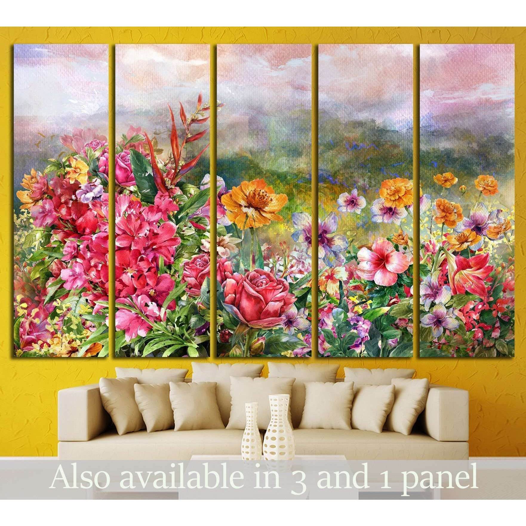 landscape of multicolored flowers watercolor painting №1351 Ready to Hang Canvas Print - Zellart Canvas Prints ALL_Products, s-1351