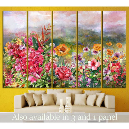 landscape of multicolored flowers watercolor painting №1351 Ready to Hang Canvas Print - Zellart Canvas Prints ALL_Products, s-1351
