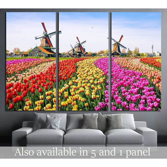 Landscape with tulips, traditional dutch windmills and houses near the canal in Zaanse Schans, Netherlands, Europe №2320 Ready to Hang Canvas Print - Zellart Canvas Prints 000Negative, ALL_Products, autopostr_pinterest_64952, s-2320