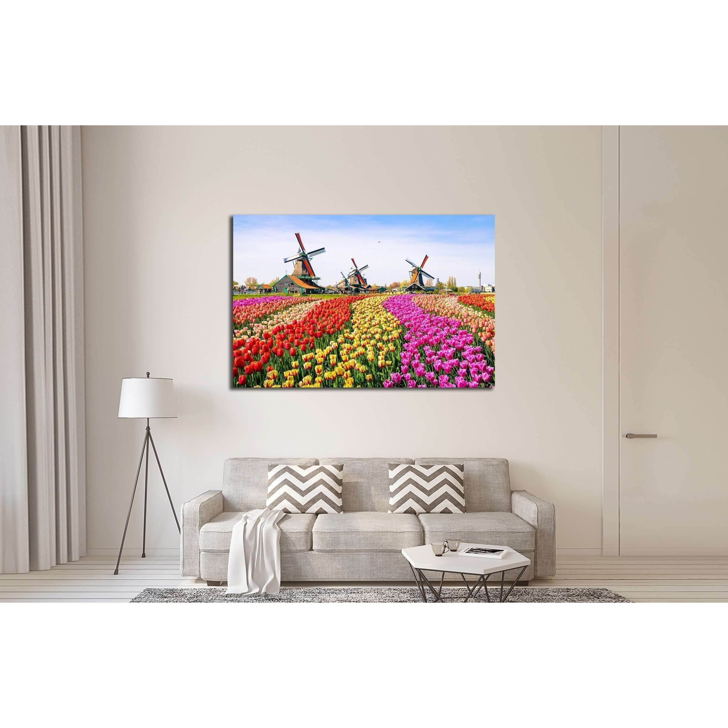 Landscape with tulips, traditional dutch windmills and houses near the canal in Zaanse Schans, Netherlands, Europe №2320 Ready to Hang Canvas Print