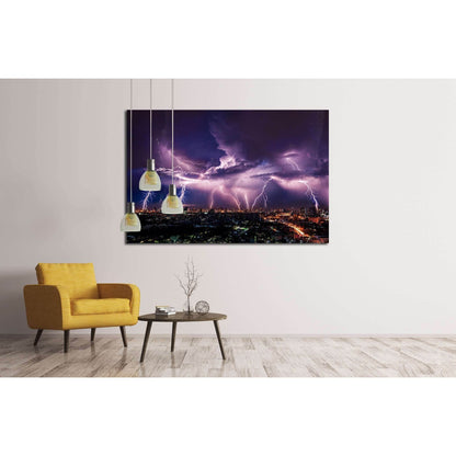 Lightning storm over city in purple light №2288 Ready to Hang Canvas Print - Zellart Canvas Prints ALL_Products, s-2288