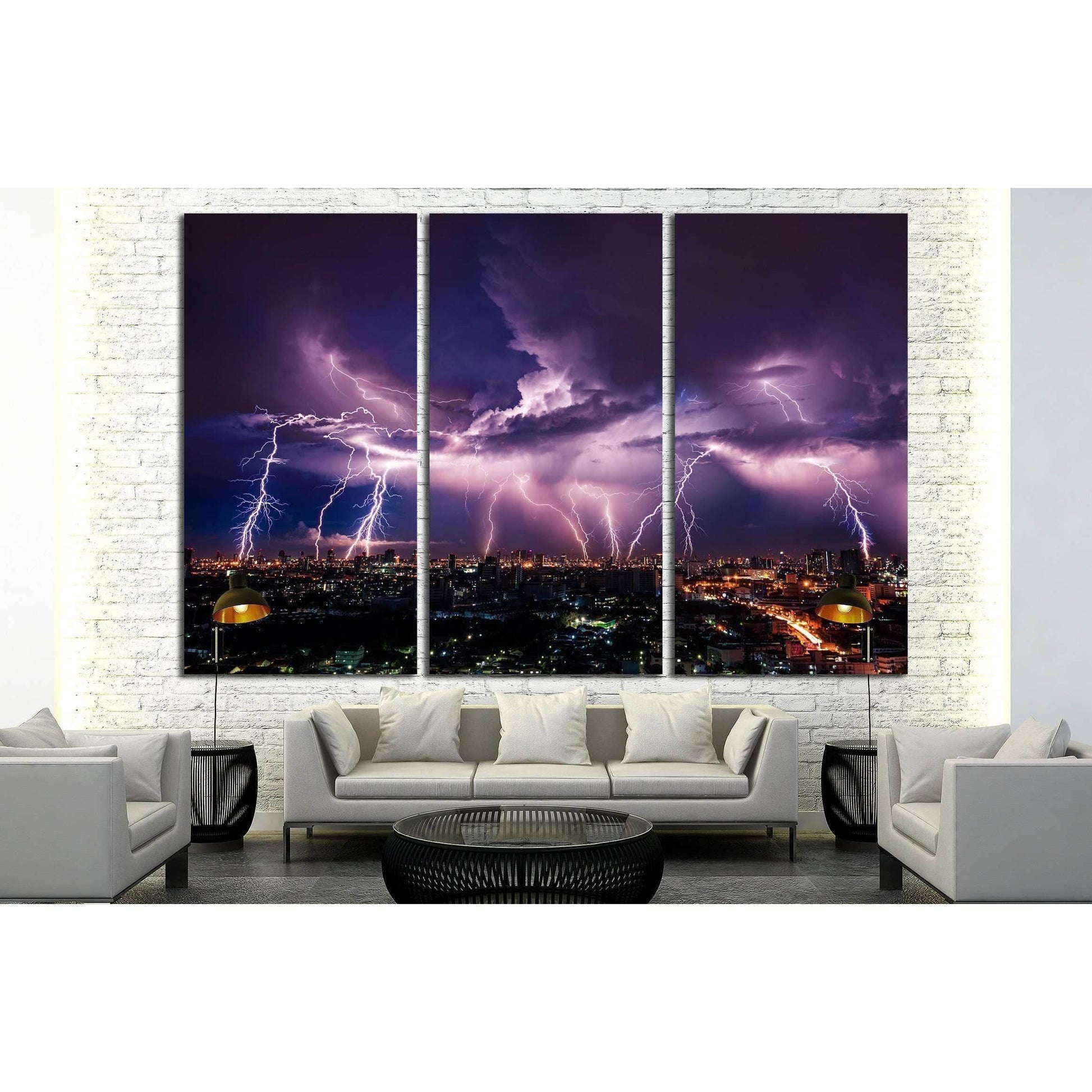 Lightning storm over city in purple light №2288 Ready to Hang Canvas Print - Zellart Canvas Prints ALL_Products, s-2288