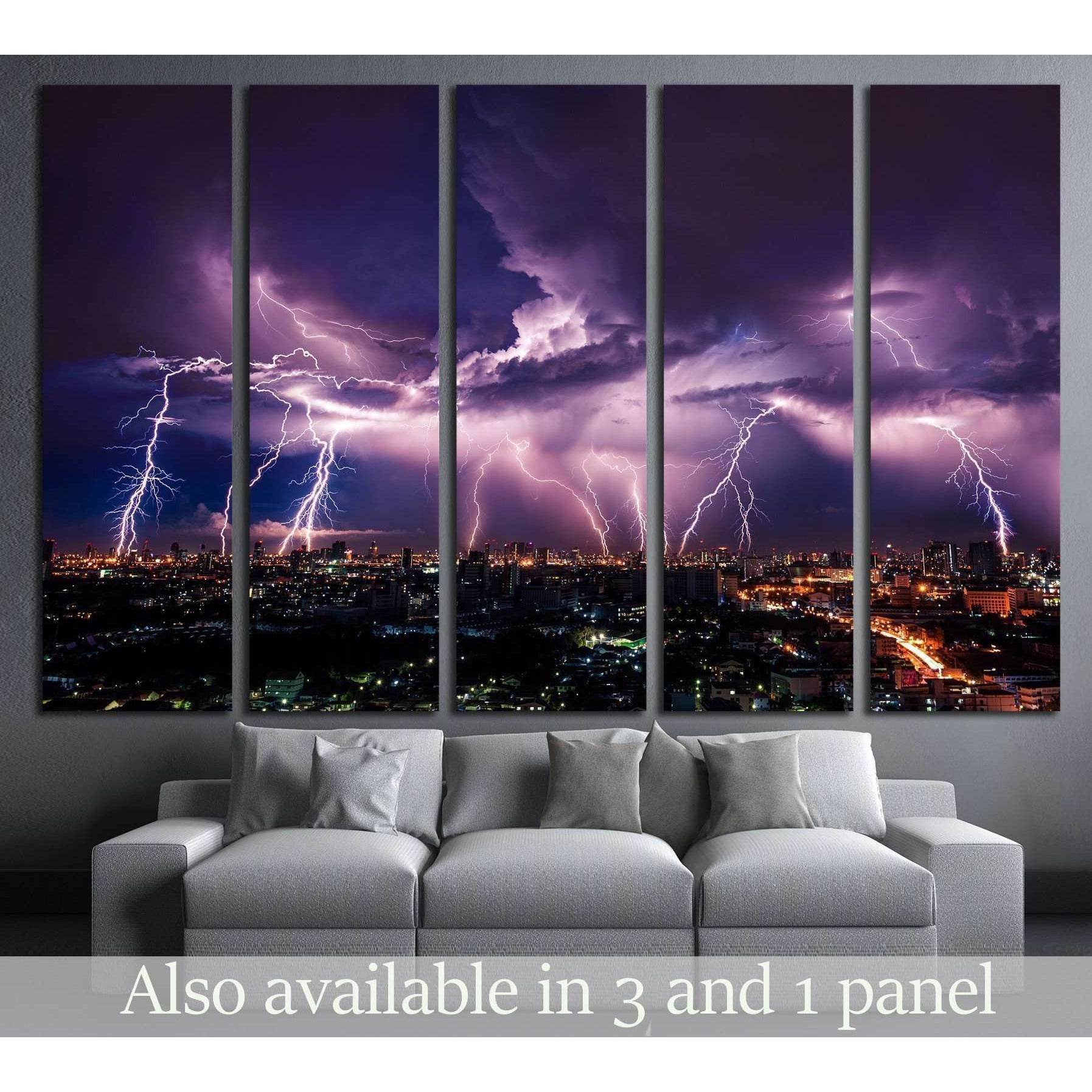 Lightning storm over city in purple light №2288 Ready to Hang Canvas Print