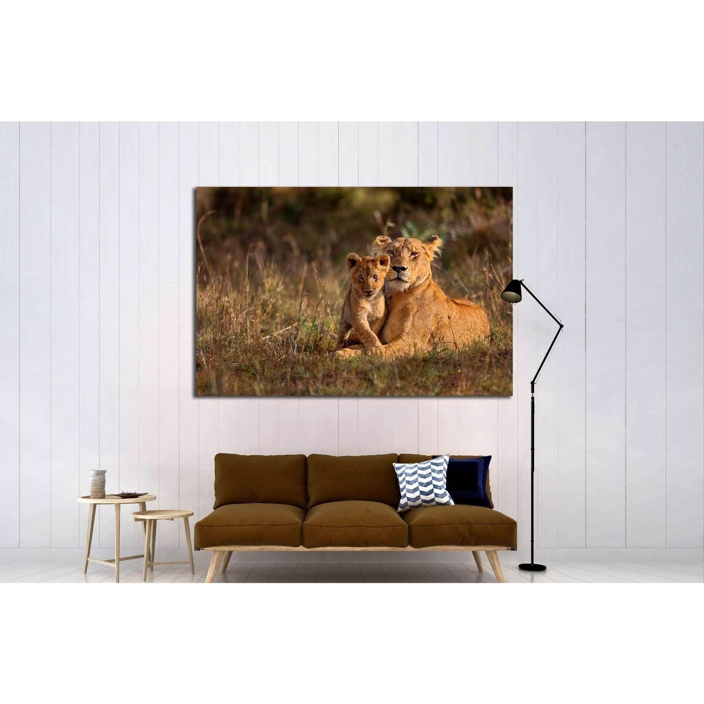 Lion mother of Notches Rongai Pride with cub in Masai Mara, Kenya №1850 Ready to Hang Canvas Print - Zellart Canvas Prints ALL_Products, Lion, s-1850