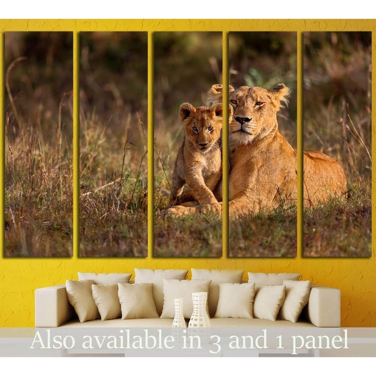 Lion mother of Notches Rongai Pride with cub in Masai Mara, Kenya №1850 Ready to Hang Canvas Print - Zellart Canvas Prints ALL_Products, Lion, s-1850