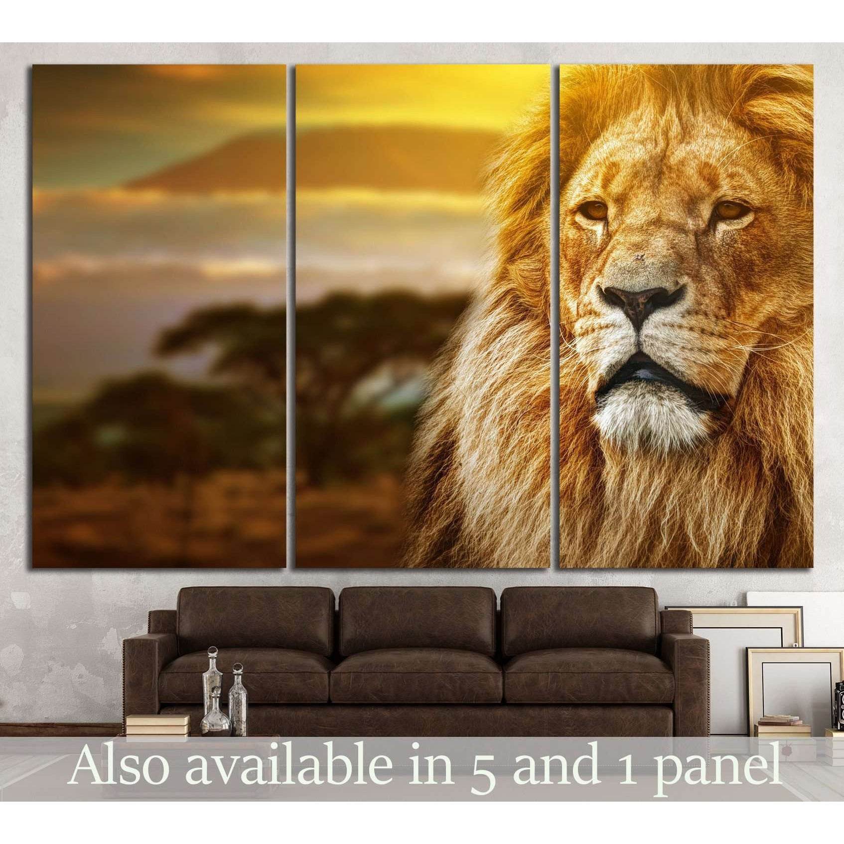 Lion portrait on savanna landscape №1115 Ready to Hang Canvas Print