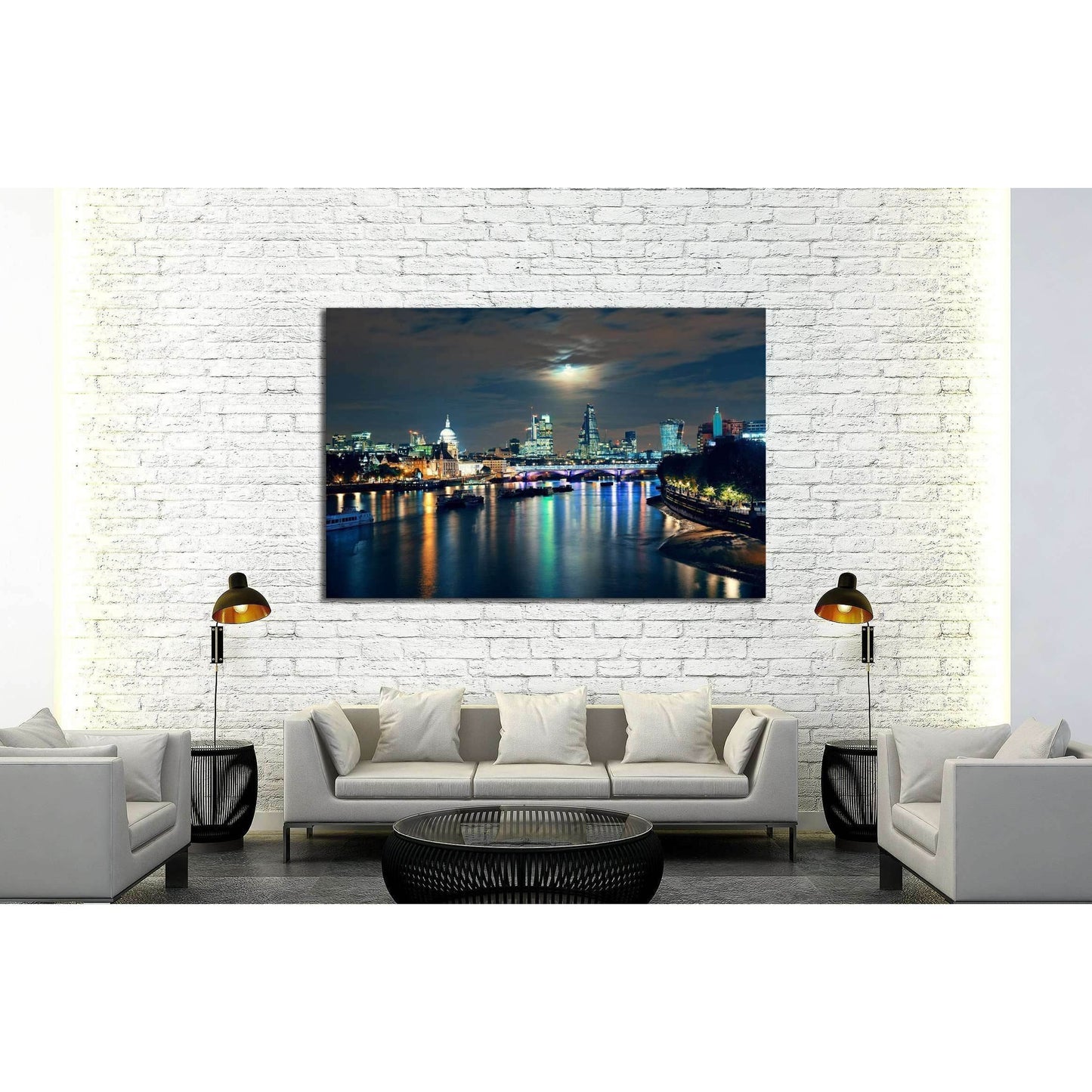 London cityscape with urban buildings and moon over Thames River at night №2164 Ready to Hang Canvas Print - Zellart Canvas Prints ALL_Products, s-2164
