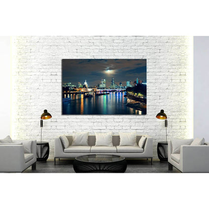 London cityscape with urban buildings and moon over Thames River at night №2164 Ready to Hang Canvas Print - Zellart Canvas Prints ALL_Products, s-2164