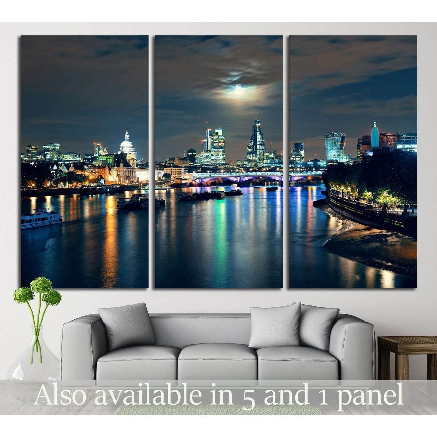 London cityscape with urban buildings and moon over Thames River at night №2164 Ready to Hang Canvas Print - Zellart Canvas Prints ALL_Products, s-2164