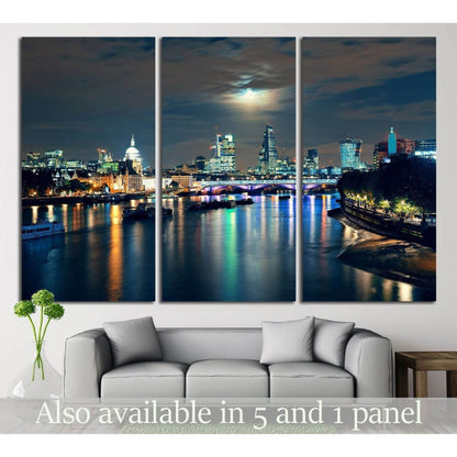 London cityscape with urban buildings and moon over Thames River at night №2164 Ready to Hang Canvas Print - Zellart Canvas Prints ALL_Products, s-2164