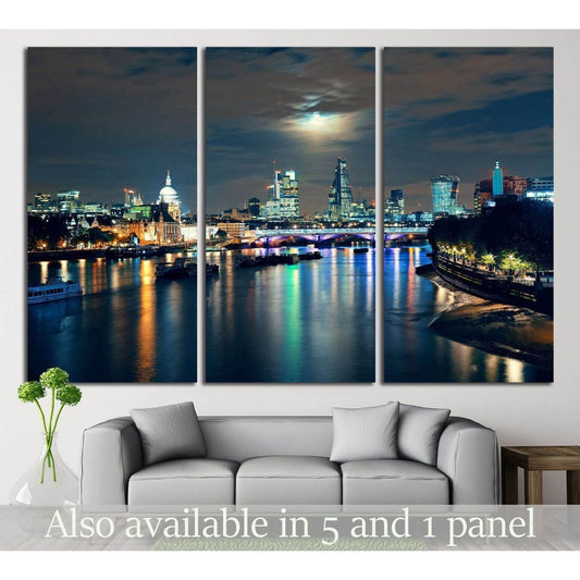 London cityscape with urban buildings and moon over Thames River at night №2164 Ready to Hang Canvas Print - Zellart Canvas Prints ALL_Products, s-2164