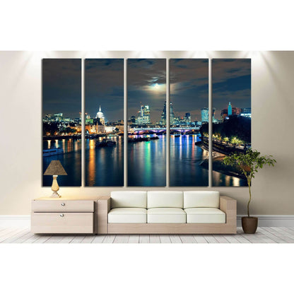 London cityscape with urban buildings and moon over Thames River at night №2164 Ready to Hang Canvas Print - Zellart Canvas Prints ALL_Products, s-2164