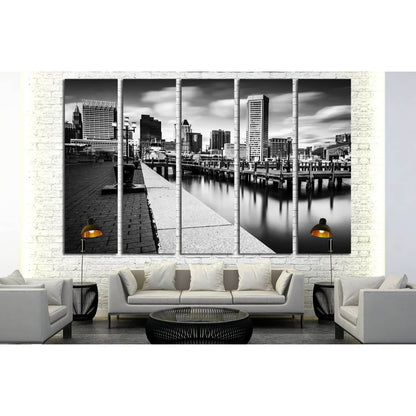 Long exposure of the Baltimore Skyline and Inner Harbor Promenade, Baltimore, Maryland №2177 Ready to Hang Canvas Print - Zellart Canvas Prints ALL_Products, s-2177