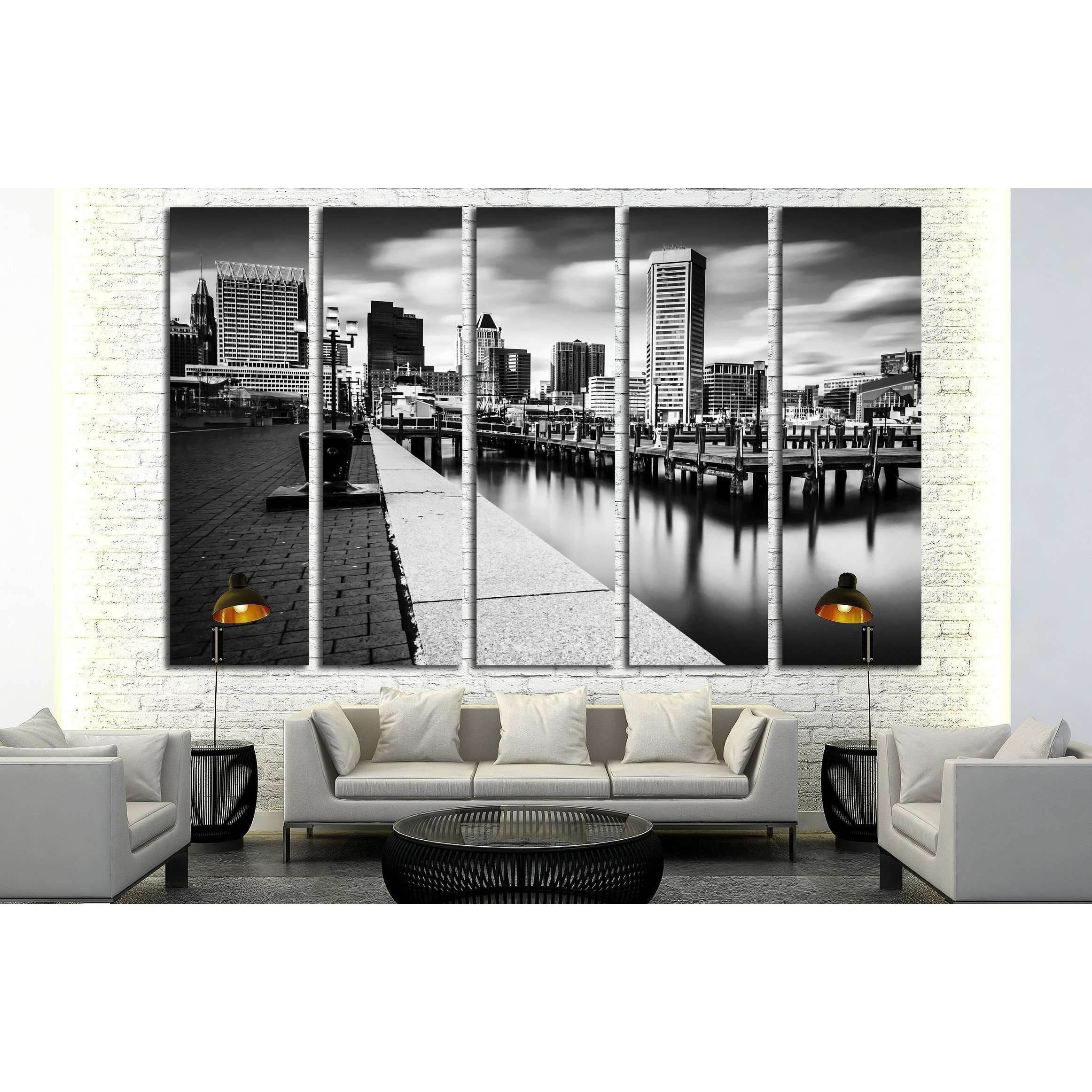 Long exposure of the Baltimore Skyline and Inner Harbor Promenade, Baltimore, Maryland №2177 Ready to Hang Canvas Print