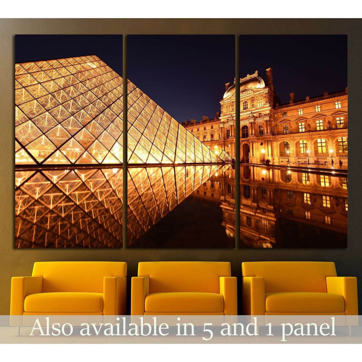 Louvre Pyramid Paris canvas print with golden night reflections, shown as a triptych above yellow chairs