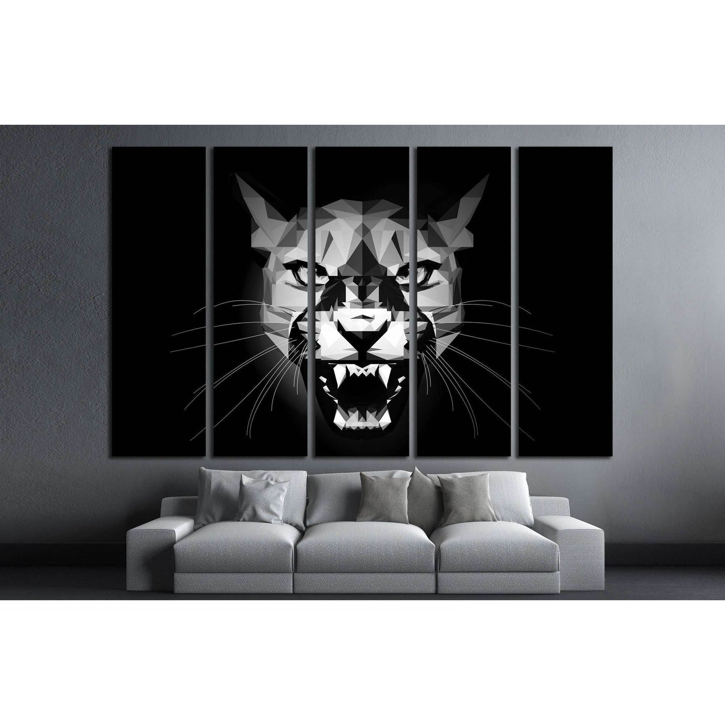Low Poly aggressive Puma - black and white portrait - design illustration №2354 Ready to Hang Canvas Print - Zellart Canvas Prints ALL_Products, s-2354