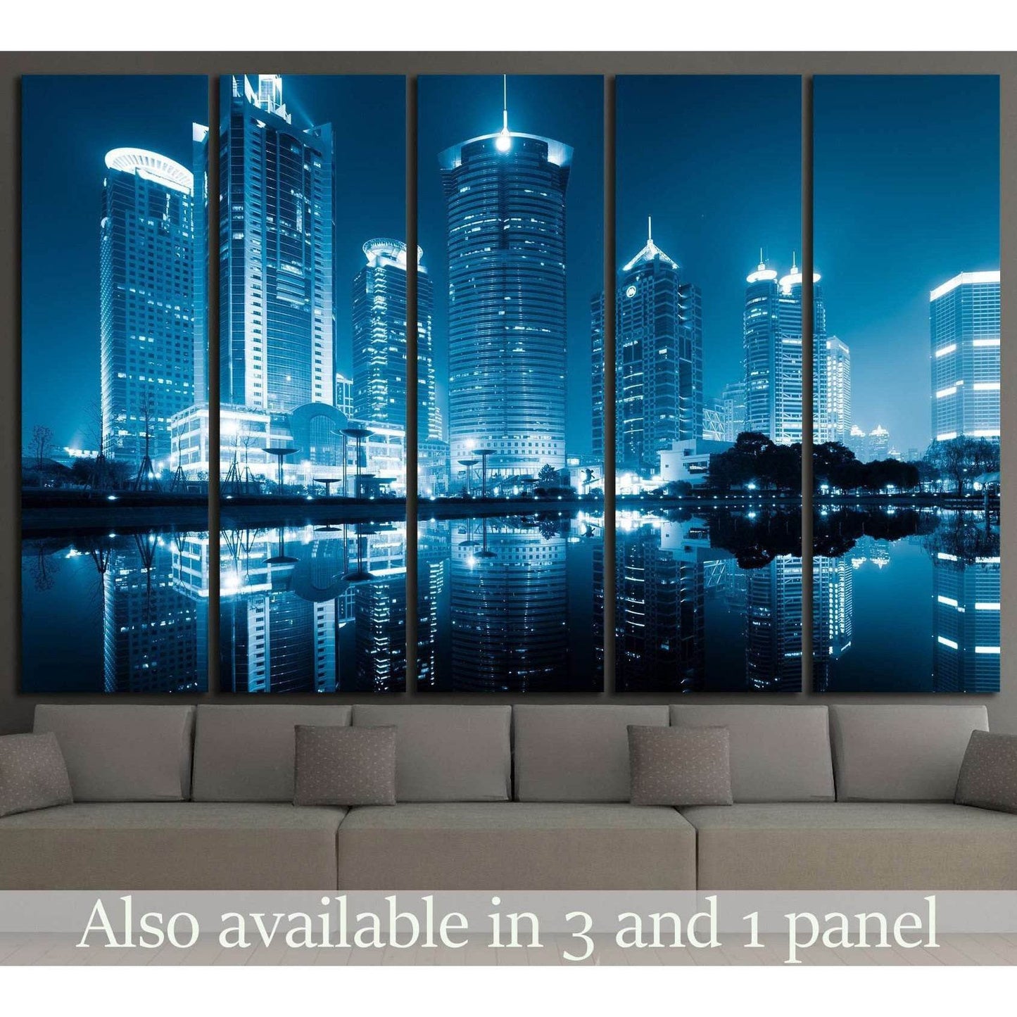 Blue Shanghai skyline canvas print with Lujiazui towers reflected in water above a sofa