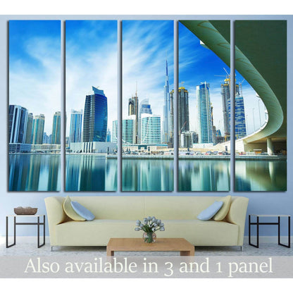 Dubai skyline canvas print with Burj Khalifa over a waterfront in a five-panel living room display